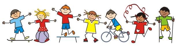 Happy kids and sports equipment, eps Happy kids and sports equipment, funny vector illustration. Group of children. clip art of kid jumping on trampoline stock illustrations
