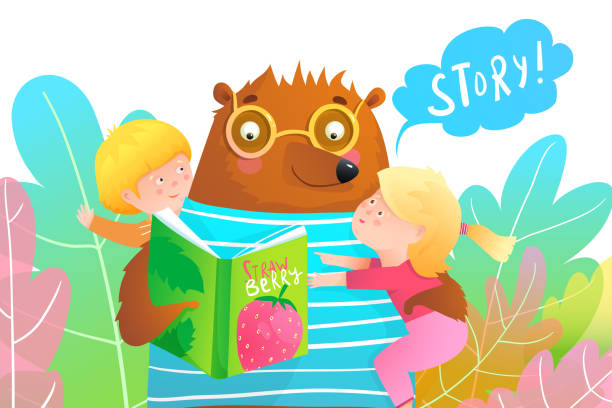 bildbanksillustrationer, clip art samt tecknat material och ikoner med glada barn och teddy björn läsa en berättelse från boken i naturen, med färgglada blad på bakgrunden. - läsa sommar