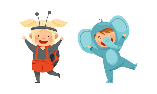 Happy kids animal in costumes set. Adorable children wearing as ladybug and elephant cartoon vector illustration