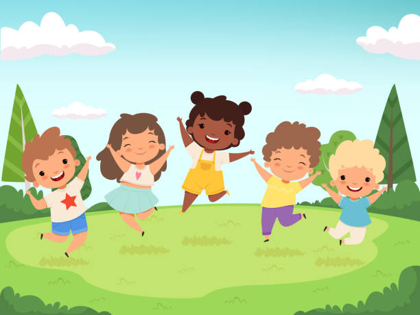 ilustrações, clipart, desenhos animados e ícones de fundo feliz dos miúdos. crianças engraçadas que jogam e que saltam personagens adolescentes do vetor dos povos - criança sorrindo