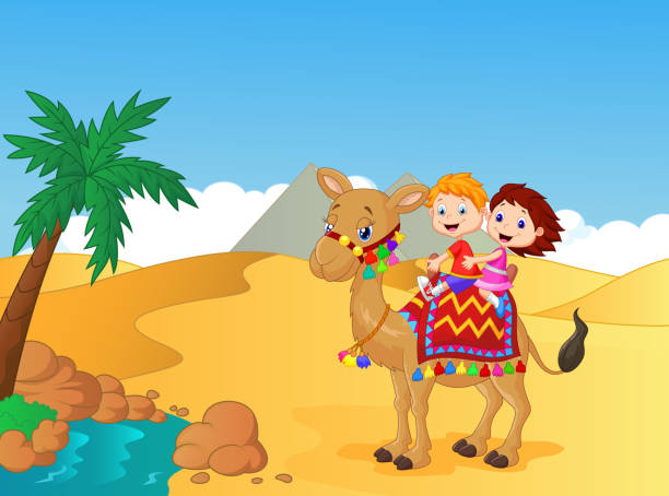 Happy kids cartoon riding camel Vector illustration of Happy kids cartoon riding camel  hot middle eastern girls stock illustrations