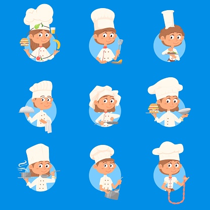 Happy kids chefs. Children cook, food preparation people. Child with meal, girl boy avatars for restaurant menu. Kitchen labels decent vector set