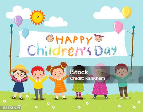 istock Happy kids holding Childrenâs Day banner. 1357231924