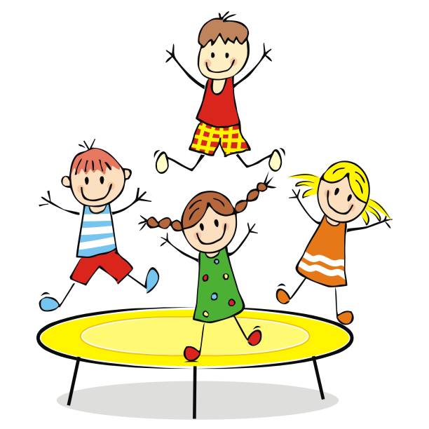 Happy kids on a trampoline, vector illustration Happy kids on a trampoline, vector illustration. Hand drawing of girls and boys. Colored image. clip art of kid jumping on trampoline stock illustrations