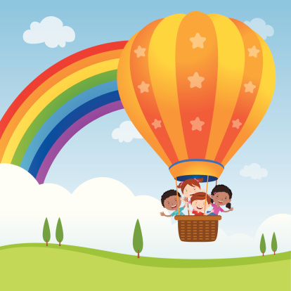 Happy kids riding hot air balloon