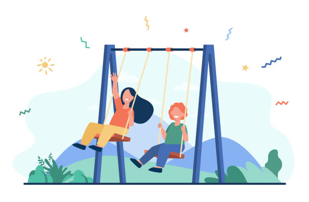 Happy kids swinging on swings Happy kids swinging on swings. Little friends enjoying activities on playground. Vector illustration for childhood, leisure time outdoors, friendship concept playful stock illustrations