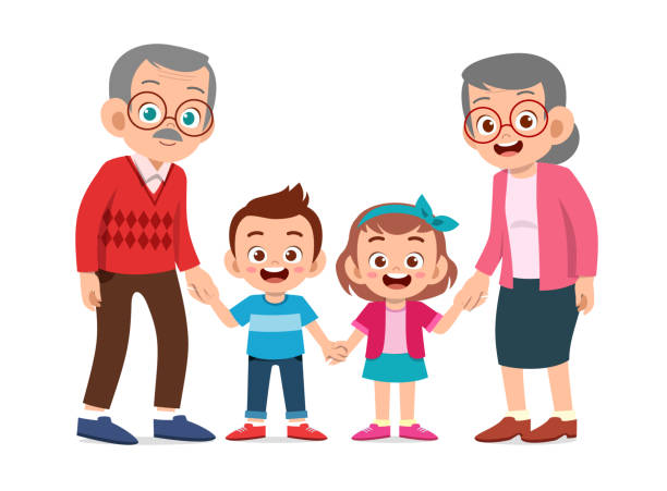 ilustrações de stock, clip art, desenhos animados e ícones de happy kids with grandparent illustration - grandparents