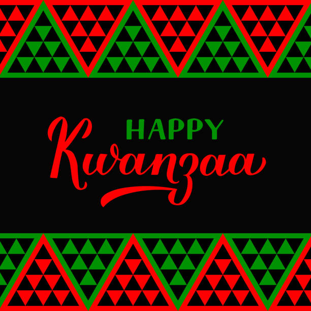 Happy Kwanzaa calligraphy hand lettering isolated on ornament background. African American holiday. Vector template for greeting card, typography poster, banner, postcard, flyer, etc Happy Kwanzaa calligraphy hand lettering isolated on ornament background. African American holiday. Vector template for greeting card, typography poster, banner, postcard, flyer, etc. kwanzaa stock illustrations