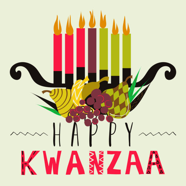 Happy Kwanzaa greeting card, background Happy Kwanzaa greeting card, background. Simple, abstract, modern, hand drawn illustration, fruits with geometrical pattern, candlestick and typography kwanzaa stock illustrations