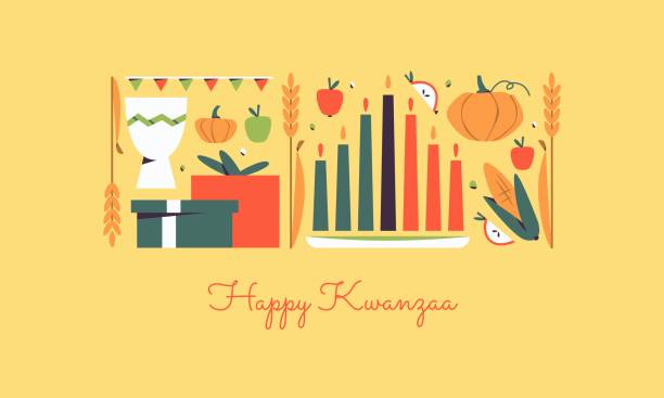 Happy Kwanzaa horizontal vector banner template with the symbols of African Heritage - kinara candles, crops, corn, unity cup and holiday gifts. Annual celebration of African-American culture. Happy Kwanzaa horizontal vector banner template with the symbols of African Heritage - kinara candles, crops, corn, unity cup and holiday gifts. Annual celebration of African-American culture. kwanzaa stock illustrations