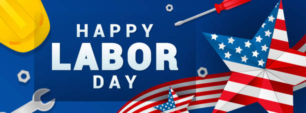 mutlu i̇şçi bayramı afiş vektör illüstrasyon. güvenlik kaskı ve mavi arka plan üzerinde i̇ngiliz anahtarı ile amerikan yıldızı. - labor day stock illustrations