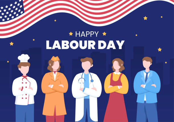 happy labor day from people of various professions, different background and thanks to your hard work in flat cartoon illustration for poster - labor day stock illustrations
