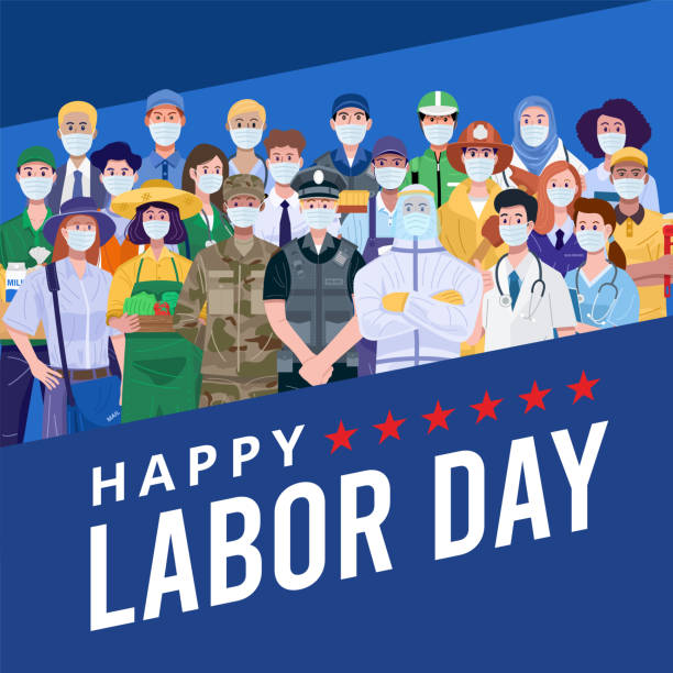 szczęśliwego dnia pracy. grupa osób z różnych miejsc pracy noszenia masek. wektor - labor day stock illustrations