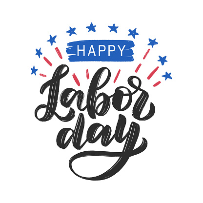 Festive Labor day lettering in american flag colors width firework and stars. Vector illustration