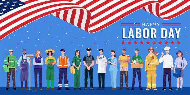 Happy Labor Day. Various occupations people standing with American flag. Vector eps 10 labor day stock illustrations