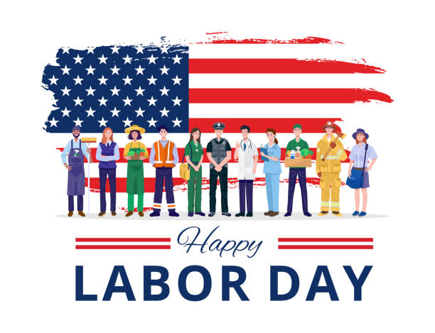 ilustraciones, imágenes clip art, dibujos animados e iconos de stock de feliz día del trabajo. varias ocupaciones personas de pie con la bandera americana. vector - labor day
