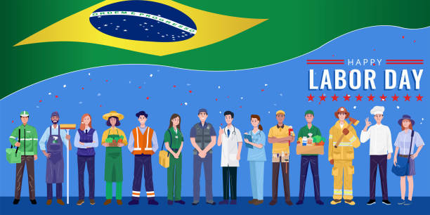 해피 노동절. 브라질 국기와 함께 서 있는 다양한 직업 사람들. 벡터 - labor day stock illustrations