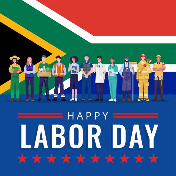 해피 노동절. 남아프리카 공화국 국기와 함께 서 있는 다양한 직업 사람들. 벡터 - labor day stock illustrations