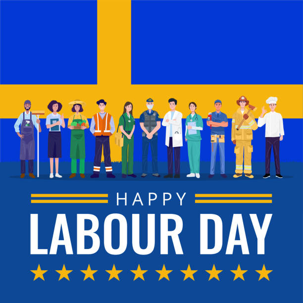 해피 노동절. 스웨덴 국기와 함께 서 있는 다양한 직업 사람들. 벡터 - labor day stock illustrations