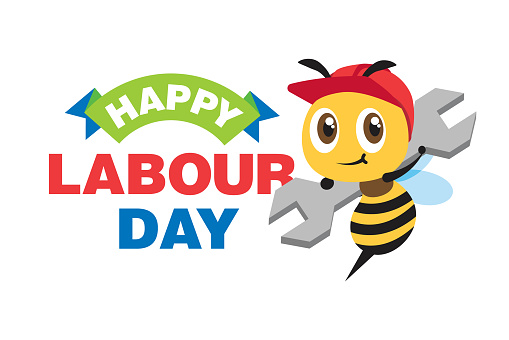 Happy Labour Day celebration with cartoon cute worker bee carry spanner