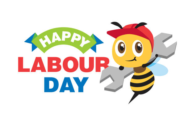 happy labour day celebration with cartoon cute worker bee carry spanner - labor day stock illustrations