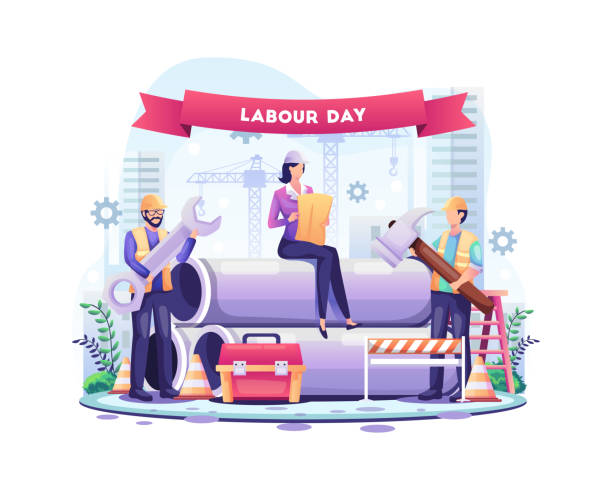 i̇şçi bayramınız kutlu olsun. i̇nşaat işçileri 1 mayıs i̇şçi bayramı'nda çalışıyor. vektör illüstrasyon - labor day stock illustrations