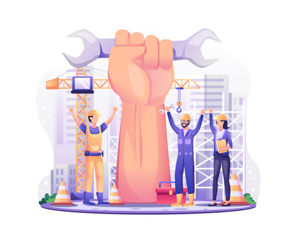 i̇şçi bayramınız kutlu olsun. dev kol yumruğuyla yetiştirilen inşaat işçileri 1 mayıs i̇şçi bayramı'nı kutluyor. vektör illüstrasyon - labor day stock illustrations