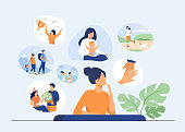 Happy life memories concept. Woman thinking over positive important moments of life experience, child birth, engagement, vacation. Vector illustration for past, personality, achievement topics