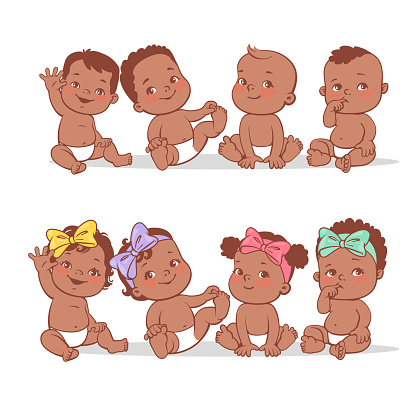 Happy little babies sit, play, waving hands, smiling.