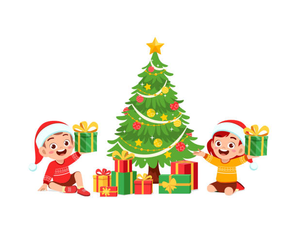 stockillustraties, clipart, cartoons en iconen met happy little boy and girl holding present for christmas - unbox