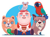 vector illustration of happy little boy gathering with pets