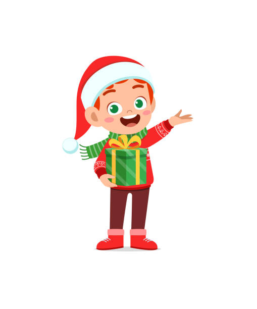 stockillustraties, clipart, cartoons en iconen met happy little boy holding present for christmas - unbox