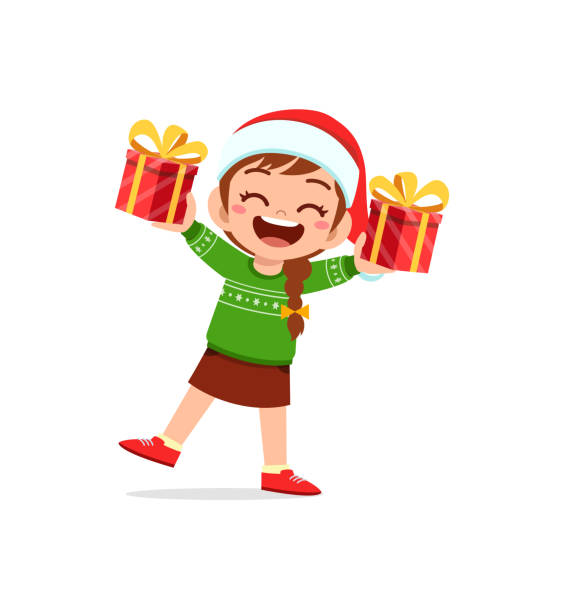 stockillustraties, clipart, cartoons en iconen met happy little girl holding present for christmas - unbox