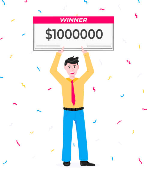 Happy lottery winner with big prize paycheck. Fortune lottery or casino gambling lucky games concept flat style design vector illustration isolated white background. Man standing up with check. 1000000 won to usd stock illustrations