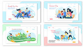 Happy Family Summer Activities Banner Set. Parents and Children Spend Time Together Outdoors at Summertime. Picnic, Walking and Running in City Park, Picnic, Leisure, Cartoon Flat Vector Illustration