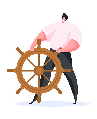 Happy male captain steering ship. Flat vector illustration