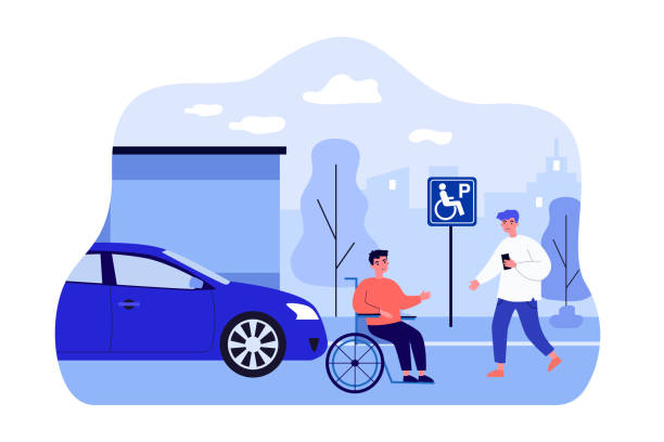 ilustrações de stock, clip art, desenhos animados e ícones de happy male character meeting friend on wheelchair in street - wheelchair street happy