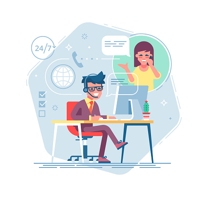 Happy male helpline operator with headset consulting a client. Online global tech support 24/7. Operator and customer. Technical support concept. Vector illustration in flat design.