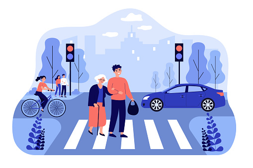Happy man helping old woman crossing city street