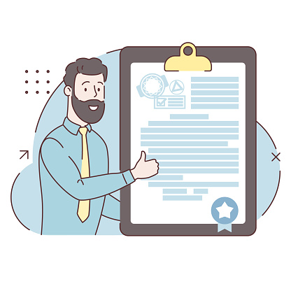 A happy man received a certificate of quality. Business certificate and development concept.  Research, business control, obtaining a permit, certificate of activity. Flat style. Vector illustration