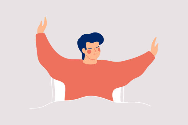 Happy man wakes up and feels good yourself. Smile boy makes morning stretch in the bed. vector art illustration