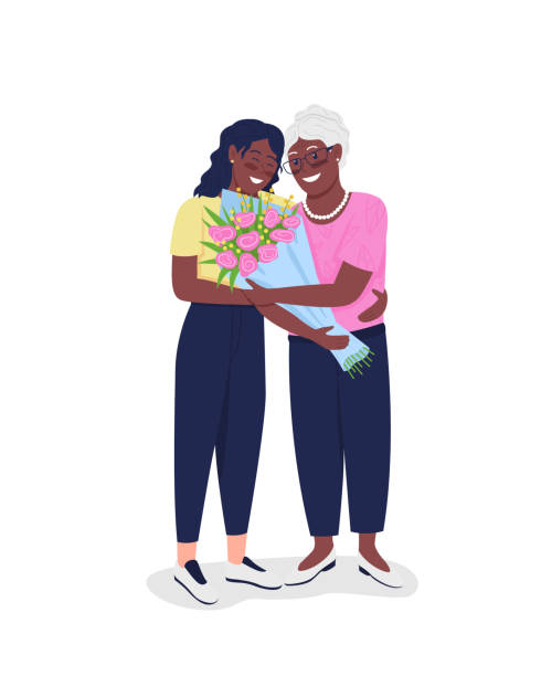 ilustrações de stock, clip art, desenhos animados e ícones de happy mature mother with adult daughter flat color vector detailed characters - grandparents hug