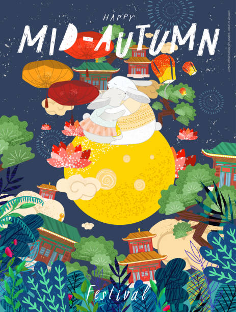 ilustrações de stock, clip art, desenhos animados e ícones de happy  mid autumn festival! cute vector illustration for poster, card or banner for chinese holiday. drawings of rabbits, moon, trees, lanterns and clouds - adulto de idade mediana