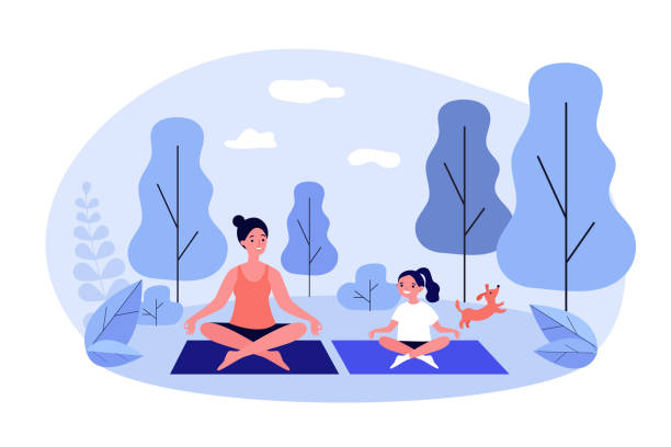 ilustrações de stock, clip art, desenhos animados e ícones de happy mom and daughter practicing yoga in park - yoga crianças