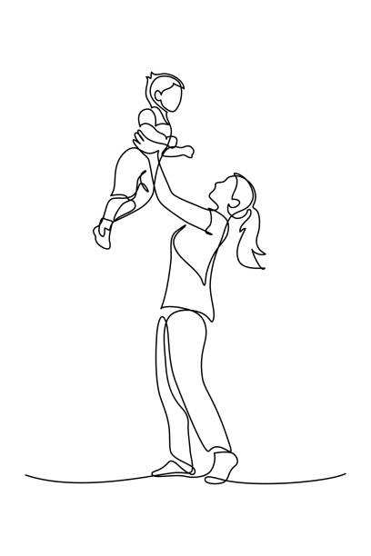 Happy mom with her son Happy mom with her little son in continuous line art drawing style. Mother holding her male child up in the air. Black linear sketch isolated on white background. Vector illustration family drawings stock illustrations