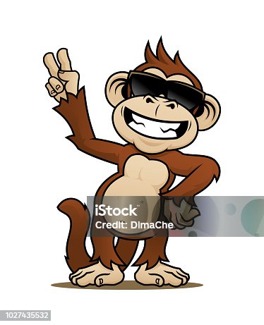 istock Happy monkey character in sunglasses showing V-sign 1027435532