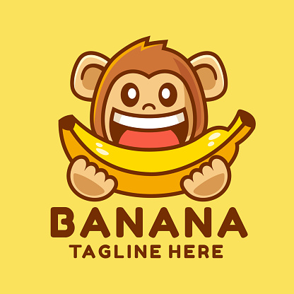 happy monkey eating banana logo design