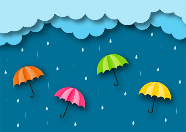 illustrazioni stock, clip art, cartoni animati e icone di tendenza di felice sfondo stagione monsone. arcobaleno sotto la pioggia. stile artistico cartaceo. illustrazione vettoriale. - pioggia