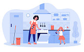 Happy mother and daughter cleaning kitchen together isolated flat vector illustration. Cartoon characters wiping dust from furniture, girl helping woman. Household chores and home concept