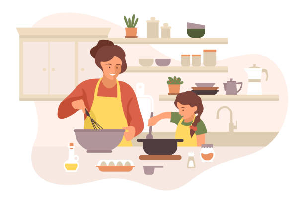 快樂的母親和女兒在舒適明亮的現代廚房烹飪。向量平面插圖孤立在白色背景與婦女花時間與孩子， 說話， 笑和吃健康餐 - 一個小孩的家庭 幅插畫檔、美工圖案、卡通及圖標